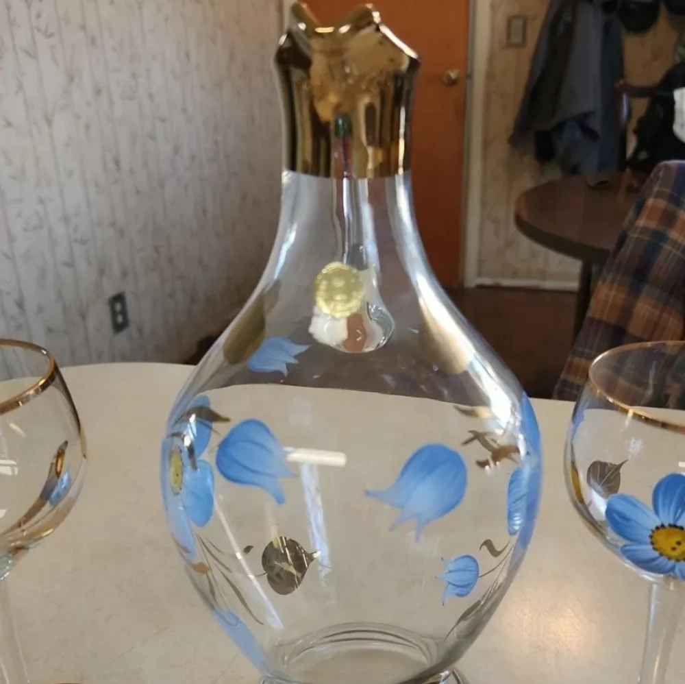 Vtg Romanian Glass Decanter Set 6 Wine Glasses Hand Painted Blue Floral Gold Rim